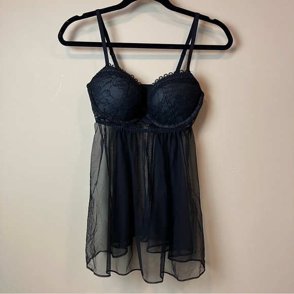 Victoria’s Secret Babydoll Top Teddy Nightie Black Lace Push-Up Lingerie 36C - Picture 1 of 13